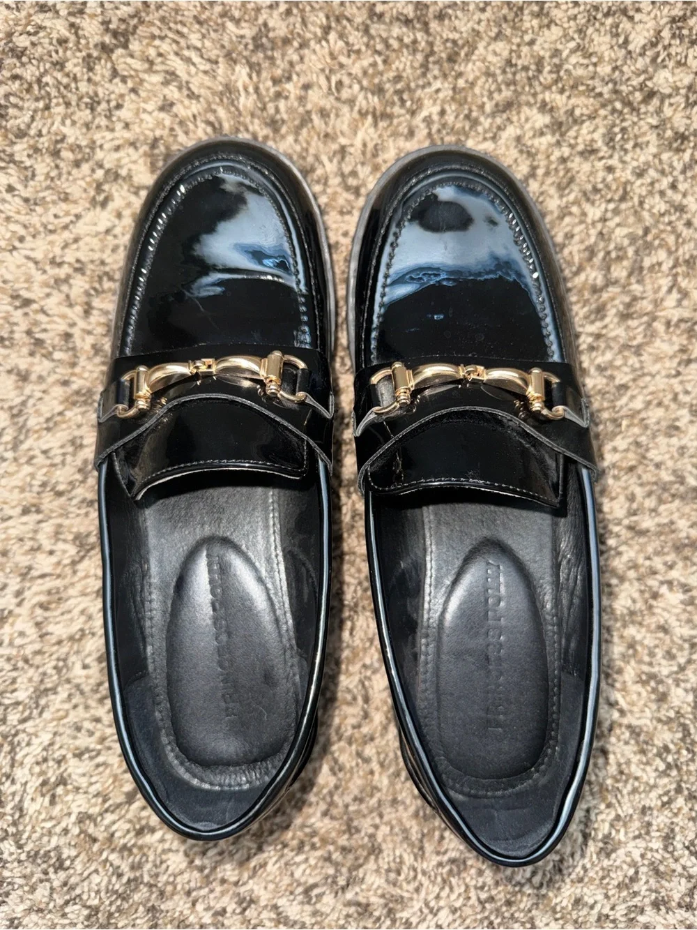 Princess Polly Black Patent Loafers with Gold Hardware